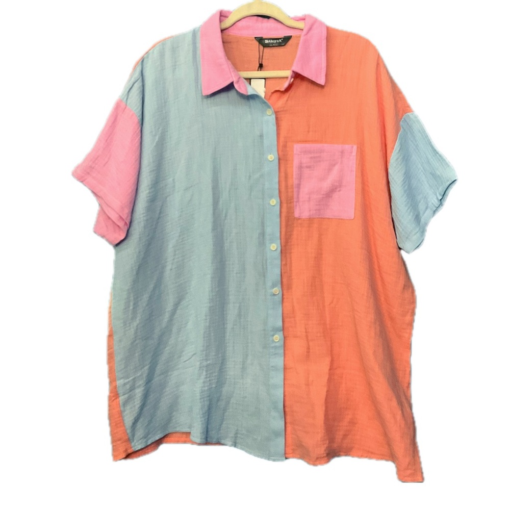 💛 Oversized Cotton Pastel Colorblock Button Down Shirt NWT 28”ptp